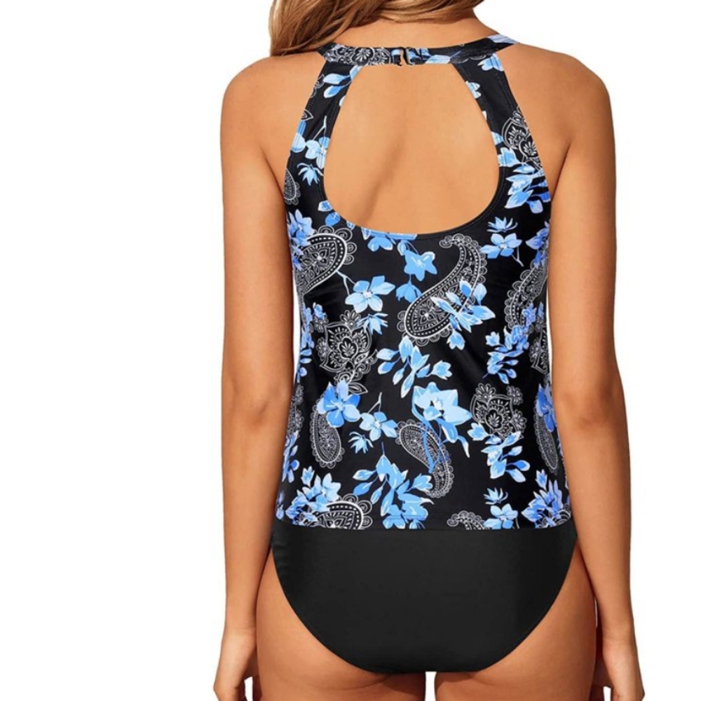 Yonique Tummy Control High Neck Tankini High Waisted Black Floral Swimsuit XL - Picture 3 of 14